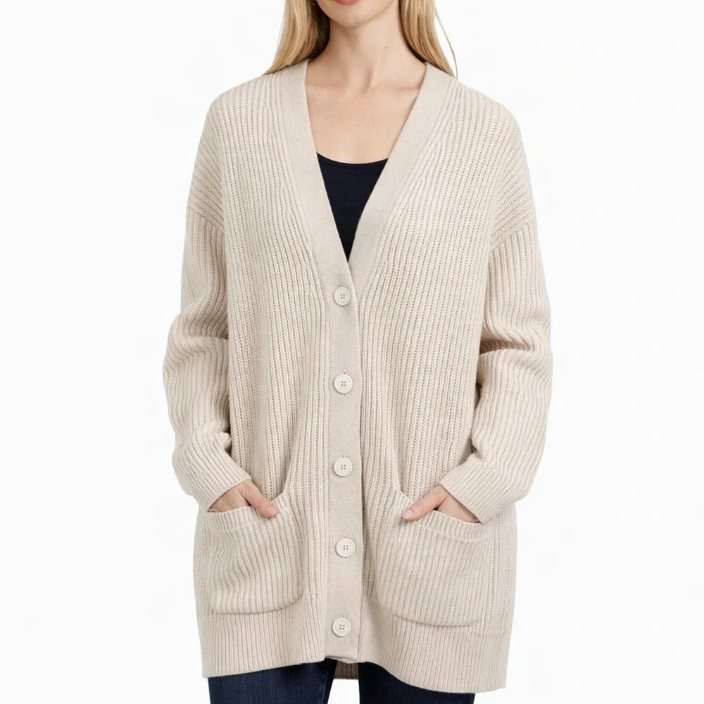 J. Crew Ribbed V-Neck Cardigan Sweater Beige Size Large Oversized Fit